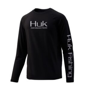 huk kids' pursuit long sleeve sun protecting fishing shirt, black, small