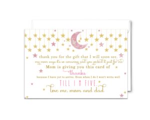 25 twinkle little star baby thank you cards pack – girls baby shower notes with envelopes set, prefilled message, customizable and personalize blank stationery pink and gold, new parents gift ideas