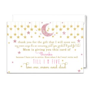 25 Twinkle Little Star Baby Thank You Cards Pack – Girls Baby Shower Notes with Envelopes Set, Prefilled Message, Customizable and Personalize Blank Stationery Pink and Gold, New Parents Gift Ideas