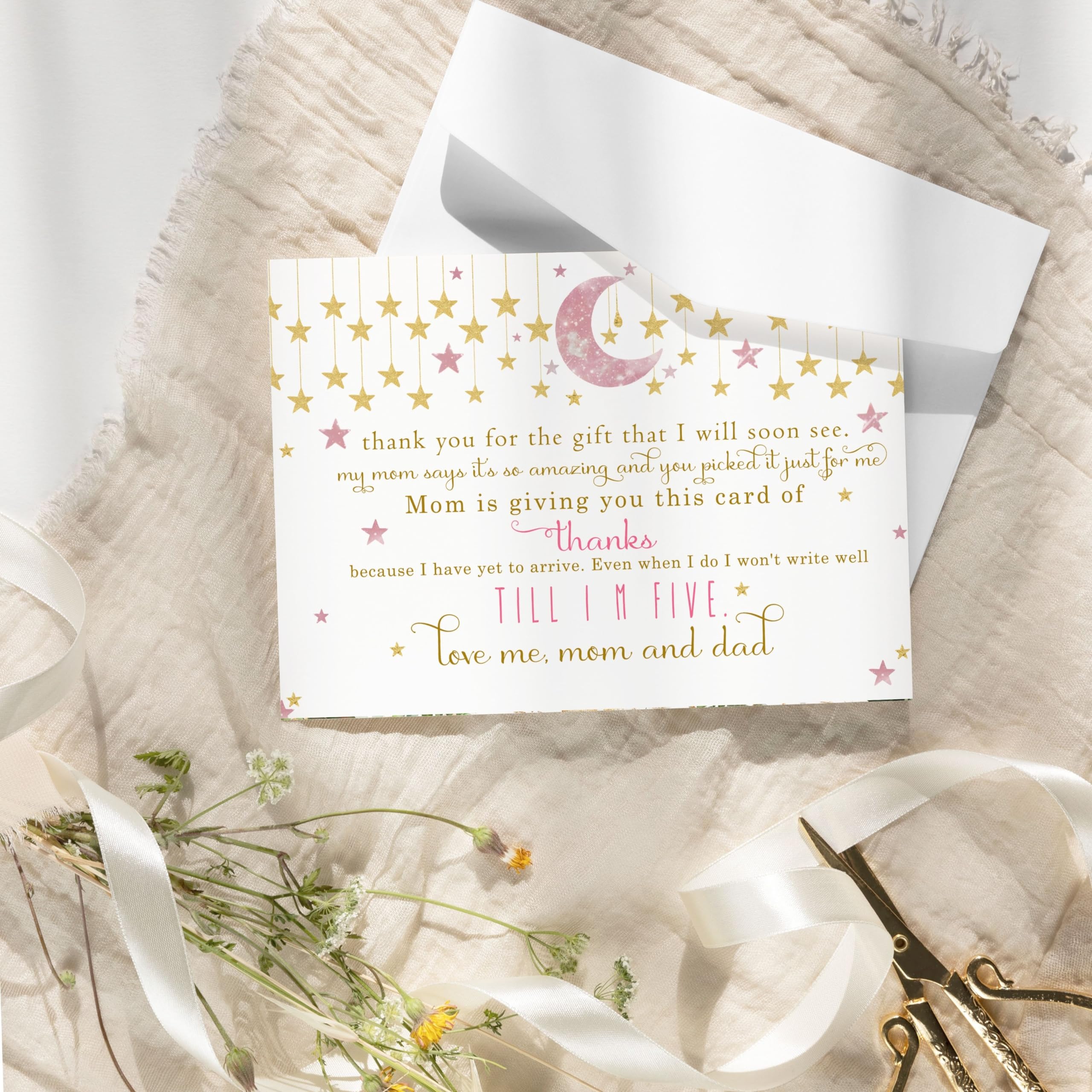 25 Twinkle Little Star Baby Thank You Cards Pack – Girls Baby Shower Notes with Envelopes Set, Prefilled Message, Customizable and Personalize Blank Stationery Pink and Gold, New Parents Gift Ideas
