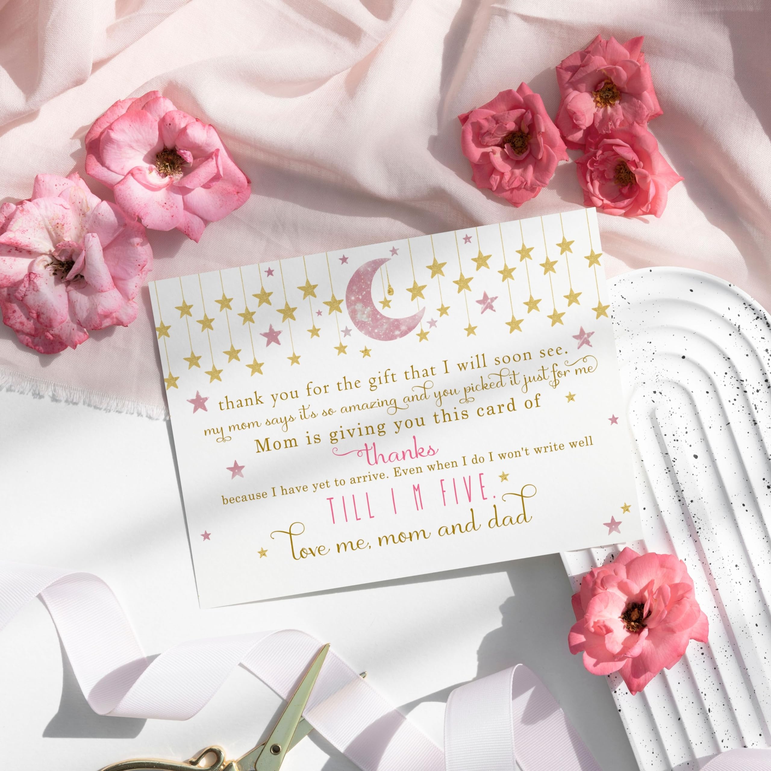 25 Twinkle Little Star Baby Thank You Cards Pack – Girls Baby Shower Notes with Envelopes Set, Prefilled Message, Customizable and Personalize Blank Stationery Pink and Gold, New Parents Gift Ideas