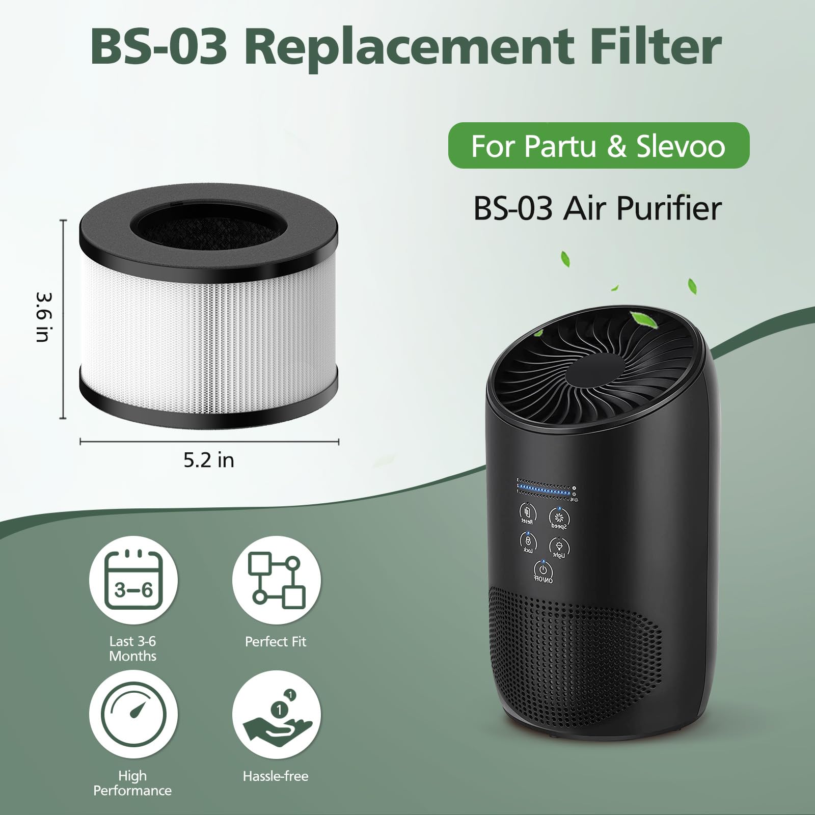 BS-03 True HEPA Replacement Filter Compatible for BS-03 PARTU and Slevoo HEPA Air Purifier with 3-in-1 Filtration System, 1 Pack