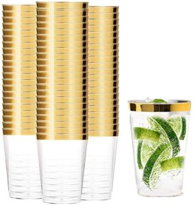 tebery 100 pack clear plastic cups party glasses, 16oz disposable cups plastic tumblers, elegant party tumblers cups wedding cups with gold rim