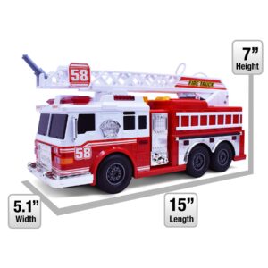 VEBO Fire Truck Motorized with Lights, Siren Sound, Working Water Pump and Rotating Rescue Ladder- Electric, Motorized, Big Fun Size 15", Realistic Design- for Toddlers, Kids Aged 3+ Years Old