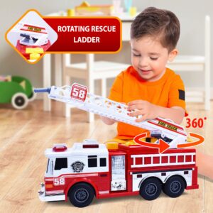 VEBO Fire Truck Motorized with Lights, Siren Sound, Working Water Pump and Rotating Rescue Ladder- Electric, Motorized, Big Fun Size 15", Realistic Design- for Toddlers, Kids Aged 3+ Years Old