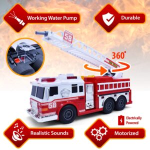 VEBO Fire Truck Motorized with Lights, Siren Sound, Working Water Pump and Rotating Rescue Ladder- Electric, Motorized, Big Fun Size 15", Realistic Design- for Toddlers, Kids Aged 3+ Years Old