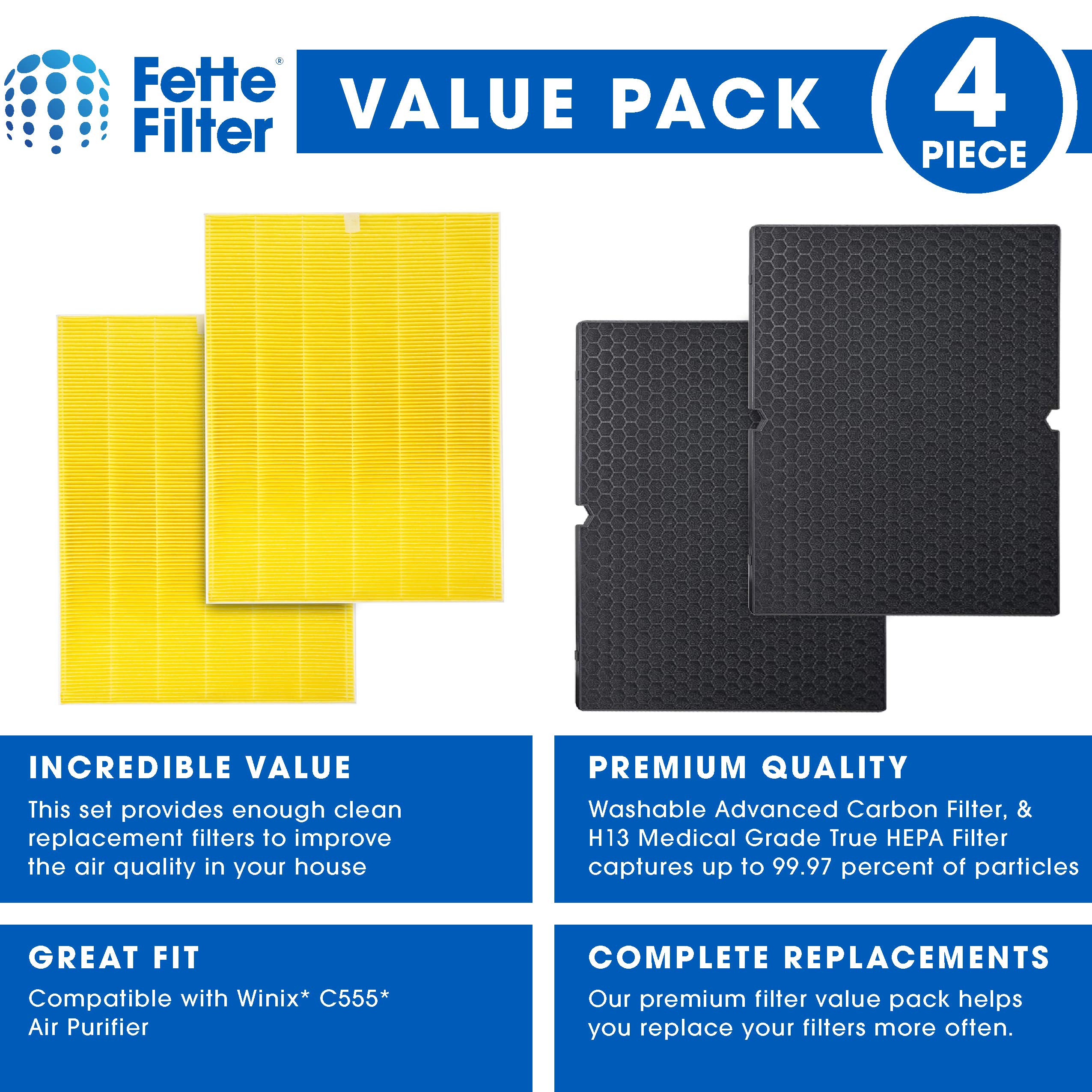 Fette Filter - 116131 Premium True HEPA H13 Replacement Filter I Compatible with Winix C555 Air Purifier 2 Ture HEPA H13 Filters + 2 Enhanced Activated Carbon Filter Compare to Winix 116131 Filter I