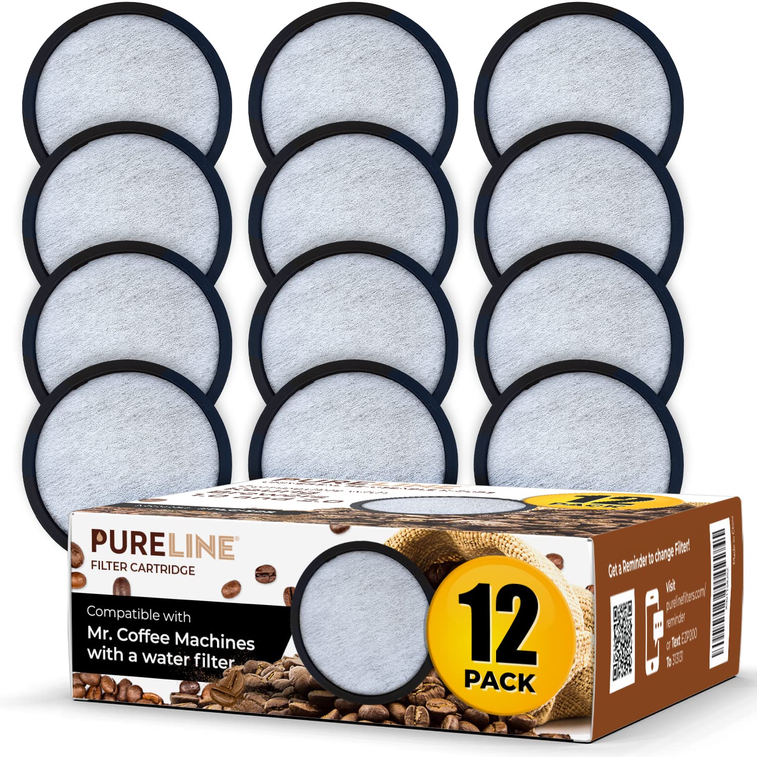 Pure Line Replacment for Mr. Coffee Water Filter Charcoal Disks. Universal Fit for Mr. Coffee Machines. (12 Pack)