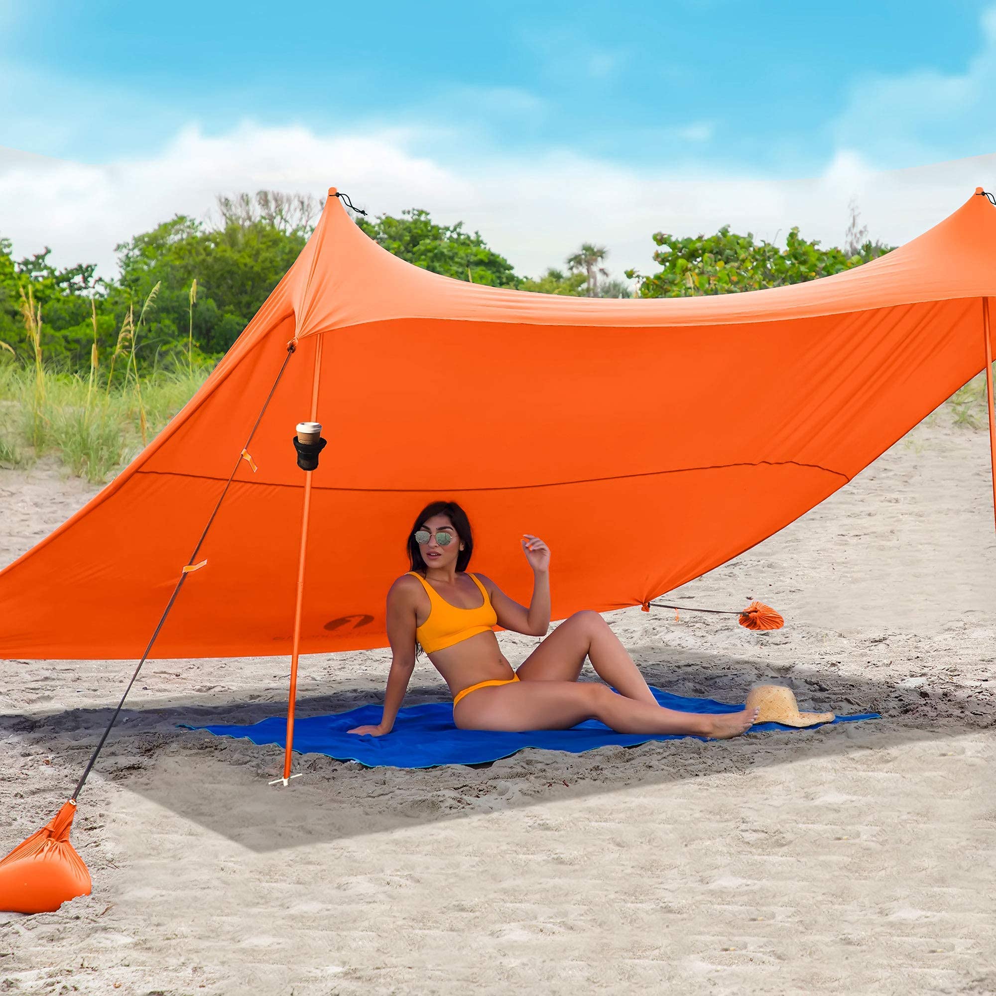 Red Suricata Family Beach Tent & Beach Canopy & 2 Beverage Holders Bundle - UPF50 UV Sun Shade Shelter (Medium, Orange)