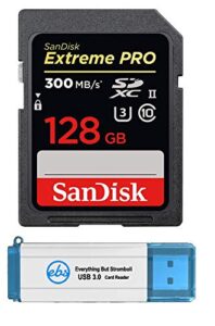 sandisk extreme pro 128gb uhs-ii sd card works with canon eos r6, eos r5 mirrorless camera 300mb/s 4k class 10 (sdsdxpk-128g-gn4in) bundle with 1 everything but stromboli 3.0 sdxc memory card reader