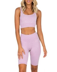 beaufident women workout set athletic tracksuits yoga running biker short with paded sports bra taffy purple