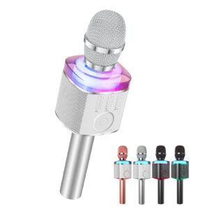bonaok wireless bluetooth karaoke microphone with led lights, handheld karaoke machine with magic sing recording for kids adults gift q31(silver)