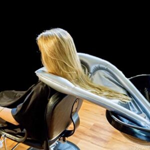 Inflatable Hair Washing Funnel for Shampooing Hair in Any Chair and Basin. Portable Tray Device to Use at Home, in Salon, Nursing Home or Hospital Cape to Help Keep Clothes Dry Pump Included!