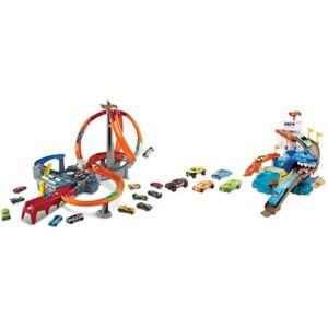 hot wheels spin storm track set orange track high speed multi-lane loops motorized booster ages 6 and older & wheels color shifters sharkport showdown [amazon exclusive]