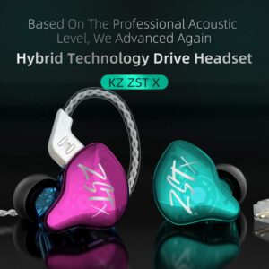 KZ ZST X in-Ear Monitors, Upgraded Dynamic Hybrid Dual Driver ZSTX Earphones, HiFi Stereo IEM Wired Earbuds/Headphones with Detachable Cable for Musician Audiophile (Without Mic, Cyan)