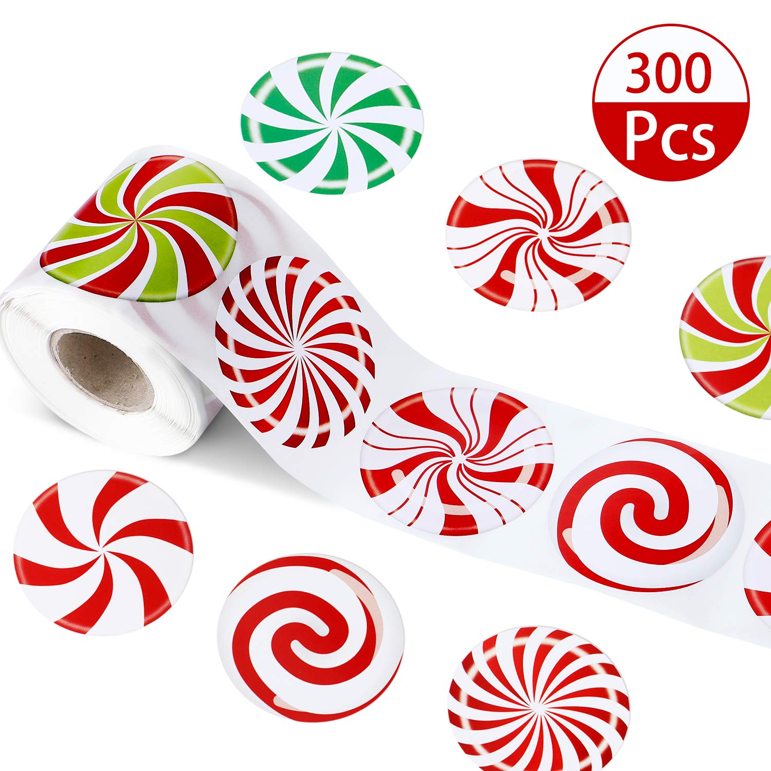 300 Pieces Christmas Candy Stickers Candy Roll Labels 6 Alternating Designs Candy Labels Circle Round Color Small Candy Seals for Christmas (2 Inch)