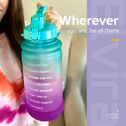 Elvira Half Gallon/64oz Motivational Time Marker Water Bottle with Straw & Protective Silicone Boot, BPA Free Anti-Slip Leakproof for Fitness, Gym and Outdoor Sports