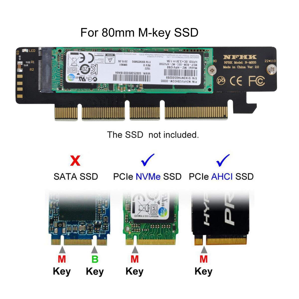 Xiwai NGFF M.2 M-Key NVME AHCI SSD to PCI-E 3.0 16x 4X Adapter for 110mm 80mm SSD