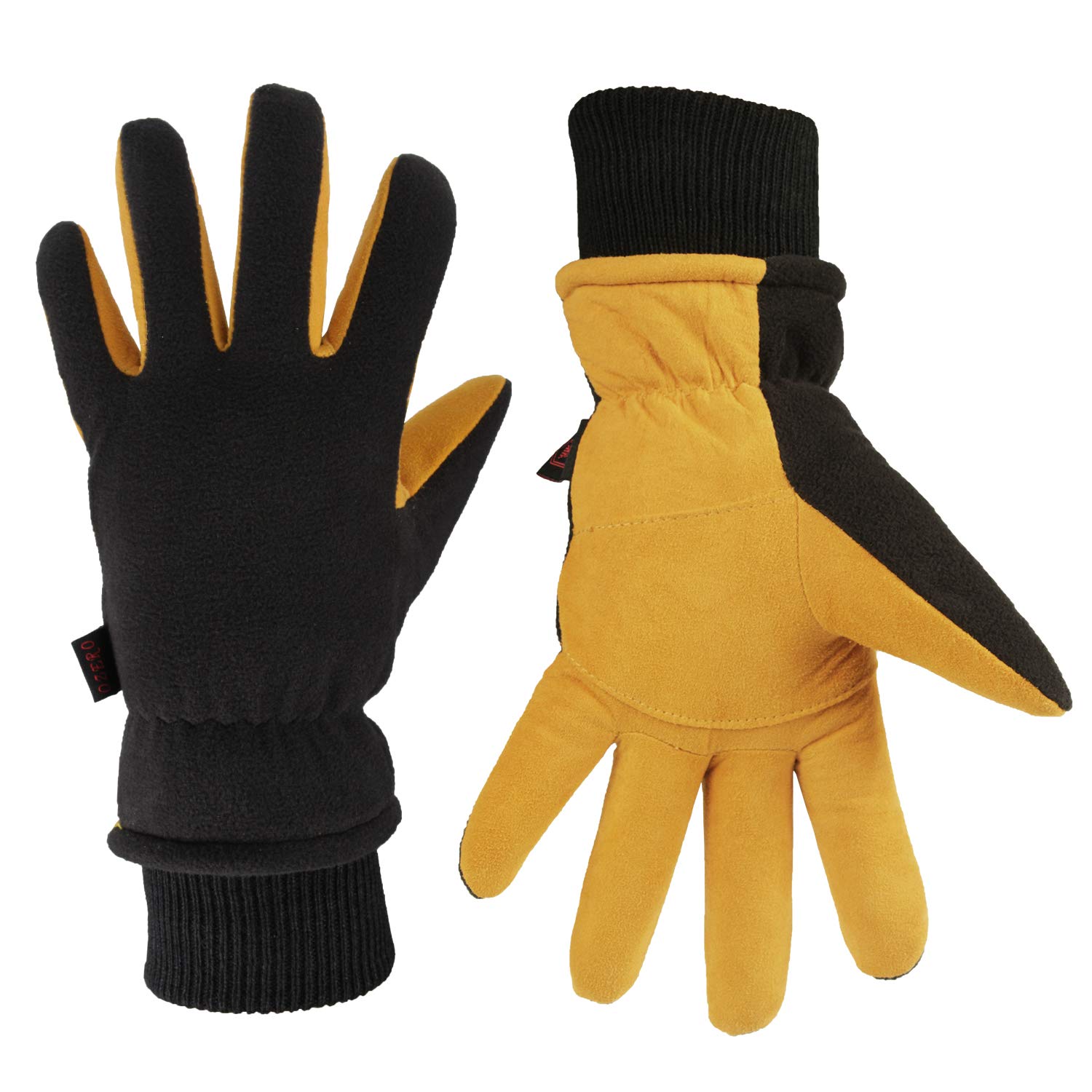 OZERO Winter Gloves for Men Women: Water-Resistant Thick Cold Weather Gloves with Deerskin Suede Leather Palm for Driving Bike Riding Hiking Snow Skiing Tan-Black Small