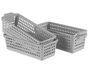 plastic storage basket - 4 pack plastic storage basket tray, gray stackable plastic weave basket, organizing baskets for home bathroom kitchen or office desktop