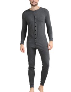 colorfulleaf men's cotton thermal underwear henley union suits onesies base layer (dark grey, m)