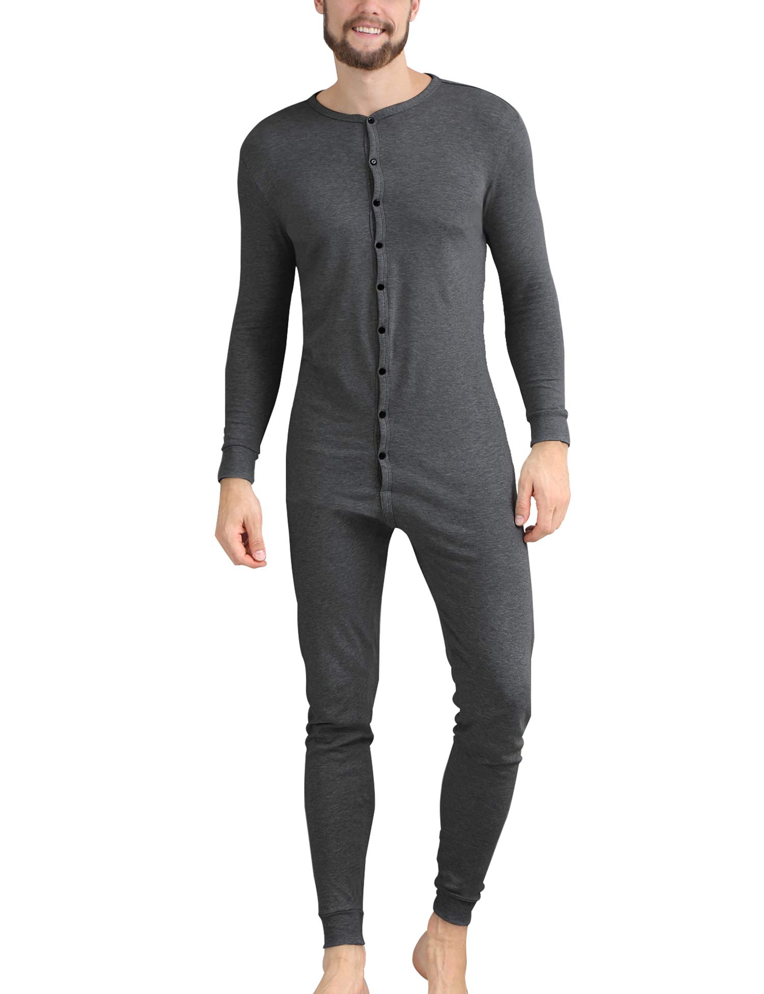 COLORFULLEAF Men's Cotton Thermal Underwear Henley Union Suits Onesies Base Layer (Dark Grey, M)