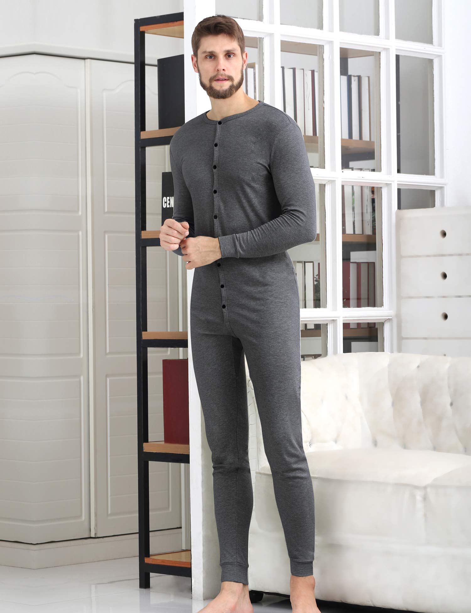 COLORFULLEAF Men's Cotton Thermal Underwear Henley Union Suits Onesies Base Layer (Dark Grey, M)