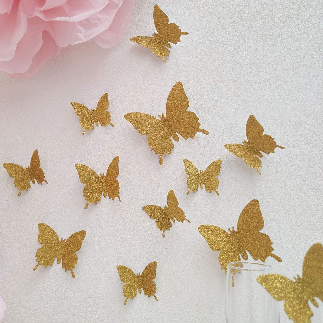 Mybbshower Gold 3D Paper Butterfly Wall Stickers for Home Door Wall Decor Birthday Party Decoration Kids Room Pack of 36