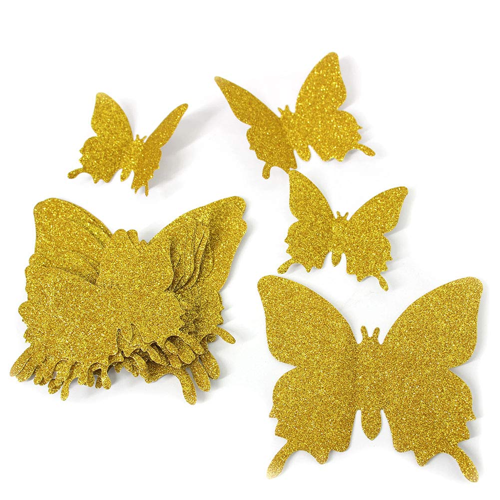 Mybbshower Gold 3D Paper Butterfly Wall Stickers for Home Door Wall Decor Birthday Party Decoration Kids Room Pack of 36