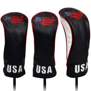 usa golf head covers for driver & fairway woods (set of 3) - premium leather headcovers, designed to fit all woods and drivers (black)