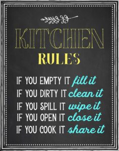 ‘kitchen rules’ chalkboard kitchen wall art print - 11x14 unframed with teal blue, yellow & white on black perfect for rustic, vintage, modern farm, cottage, country and retro decor.