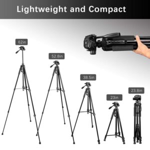 62" Camera Tripod, Lightweight Aluminum Travel Tripod with Carry Bag for Canon,DSRL, SRL, Phone Tripod Mount with Bluetooth Remote Shutter for Live Streaming, Work, Vlogging,Max Load Capacity 6.6 LB