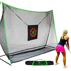 Flair Sports - Golf Hitting Net - Professional Heavy Duty Series - Practice Driver, Irons, & Wedges - Indoor & Outdoor Swing Training - Driving Range at Home - Neon Chipping Target - 10' x 7' Size