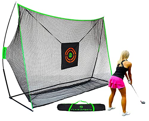 Flair Sports - Golf Hitting Net - Professional Heavy Duty Series - Practice Driver, Irons, & Wedges - Indoor & Outdoor Swing Training - Driving Range at Home - Neon Chipping Target - 10' x 7' Size