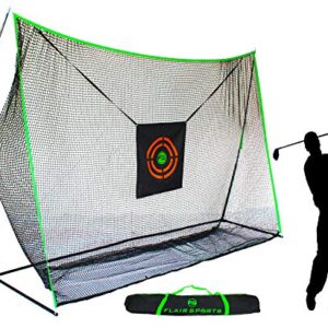 Flair Sports - Golf Hitting Net - Professional Heavy Duty Series - Practice Driver, Irons, & Wedges - Indoor & Outdoor Swing Training - Driving Range at Home - Neon Chipping Target - 10' x 7' Size