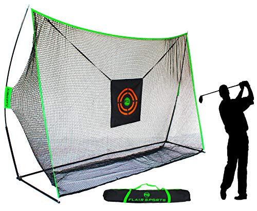 Flair Sports - Golf Hitting Net - Professional Heavy Duty Series - Practice Driver, Irons, & Wedges - Indoor & Outdoor Swing Training - Driving Range at Home - Neon Chipping Target - 10' x 7' Size