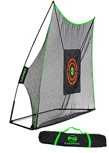 Flair Sports - Golf Hitting Net - Professional Heavy Duty Series - Practice Driver, Irons, & Wedges - Indoor & Outdoor Swing Training - Driving Range at Home - Neon Chipping Target - 10' x 7' Size