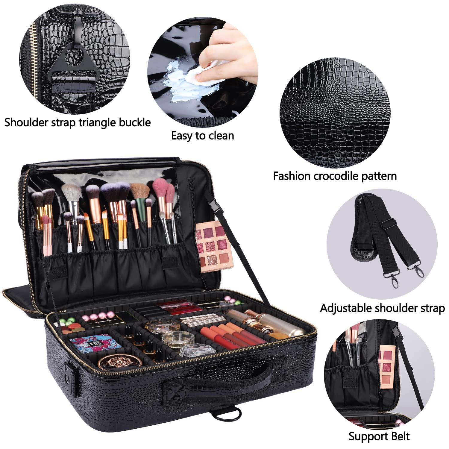 Oewoer Travel Makeup Train Case PU Leather Professional Makeup Case 16" with Adjustable Strap Portable Cosmetic Organizer Artist Storage Bag for Toiletry Jewelry Digital Accessories (L-Black)