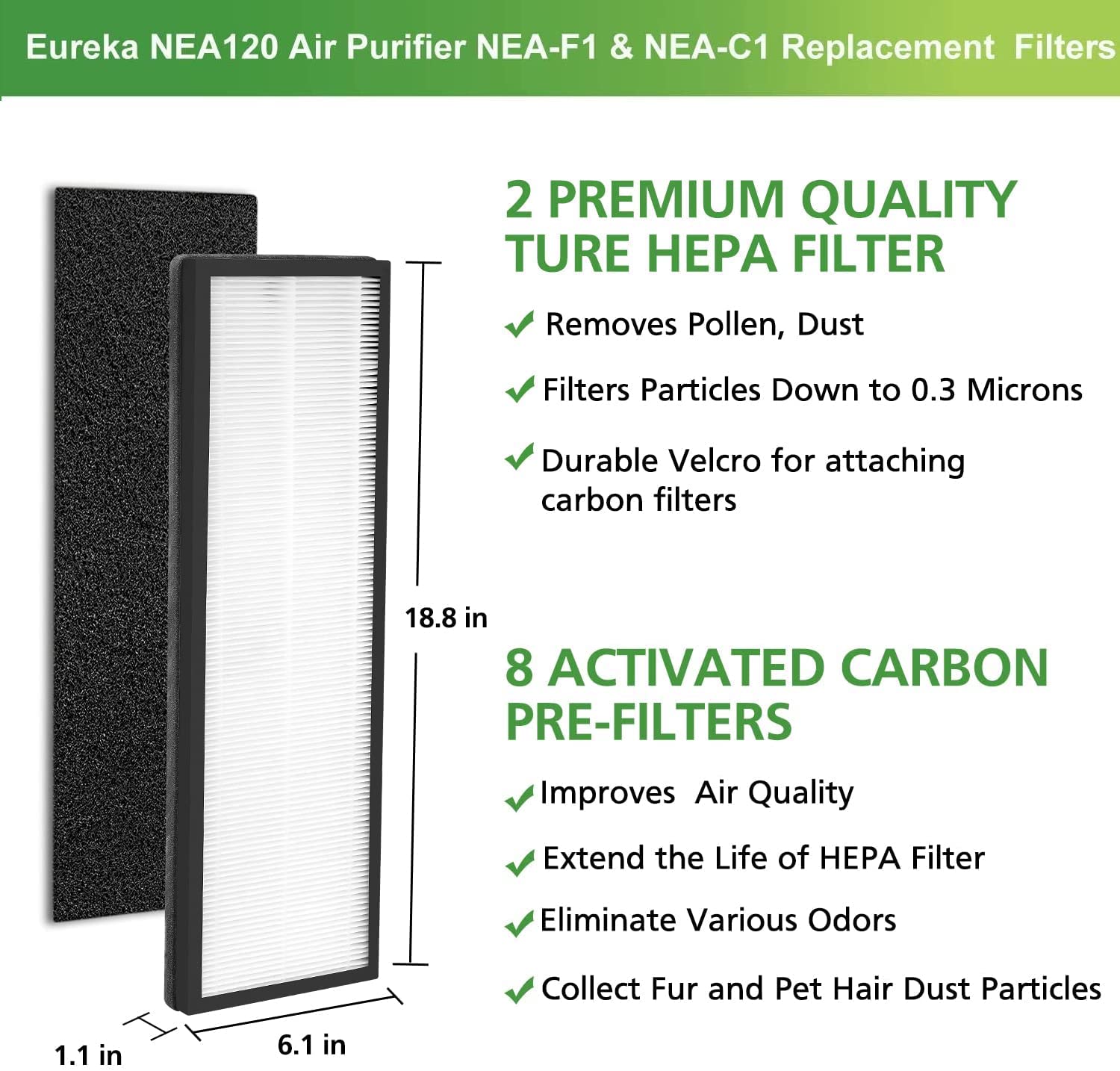 NEA-F1 H13 True HEPA Replacement Filter for Eureka NEA120 and Toshiba Smart WiFi Air Purifier，2 Pack NEA-F1 H13 True HEPA Filter and 8 Pack NEA-C1 Activated Carbon Replacement Filter