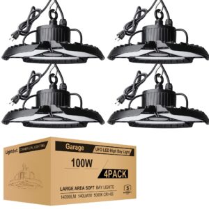 Lightdot 4Pack 100W LED High Bay Light with 3 Adjustable Panels, 5000K 14000LM Super Bright Shop Lights, LED Commercial Bay Lighting with 5ft UL Cable Plug for Barn/Warehouse/Workshop