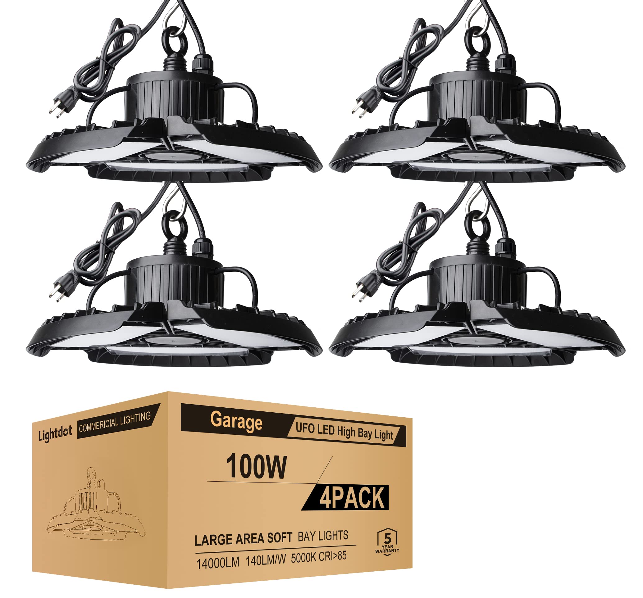 Lightdot 4Pack 100W LED High Bay Light with 3 Adjustable Panels, 5000K 14000LM Super Bright Shop Lights, LED Commercial Bay Lighting with 5ft UL Cable Plug for Barn/Warehouse/Workshop