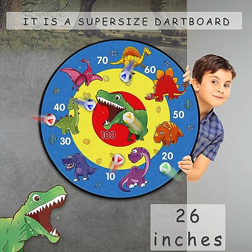 TOMYOU 26" Dart Board for Kids with 16 Sticky Balls, Double Sided Dinosaur Dart Board, Indoor Outdoor Party Games Toys, Birthday Toys Gift for Age 5 6 7 8 9 10 11 12 Year Old Boys Girls