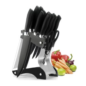numola kitchen knife set, 20 pieces black nonstick cooking knife set with block & sharpener, super sharp stainless steel professional chef knife set with acrylic stand for family restaurant apartment