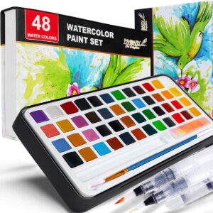 pandafly watercolor paint set, 48 vivid colors in portable box, perfect travel watercolor set for kids, artists, beginners, amateur hobbyists and painting lovers