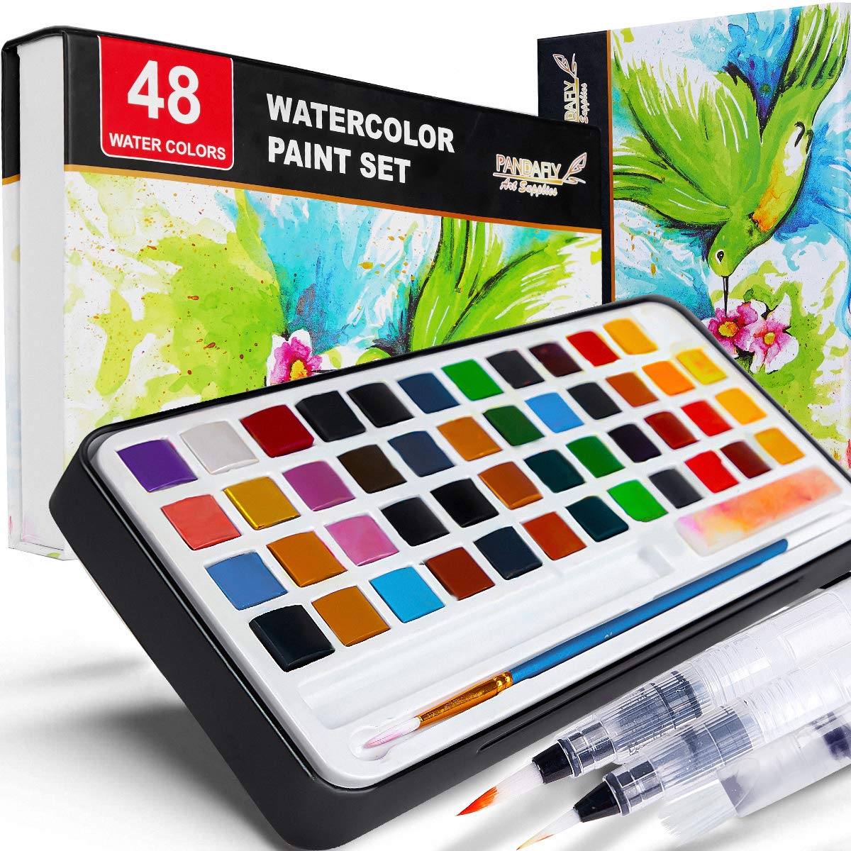 PANDAFLY Watercolor Paint Set, 48 Vivid Colors in Portable Box, Perfect Travel Watercolor Set for Kids, Artists, Beginners, Amateur Hobbyists and Painting Lovers