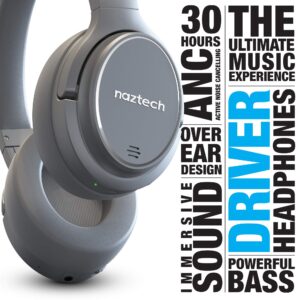 Naztech Driver ANC 1000 Active Noise Cancelling Bluetooth Wireless Headphones w/4 Mic's, Comfortable Over-Ear Design, Up to 50H Playtime for TV, Online Class, Home Office, Travel & More (Silver) 15137