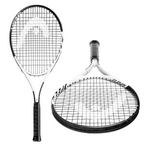 head geo speed adult tennis racket - pre-strung head light balance 27.5 inch racquet - 4 3/8 in grip, black/white