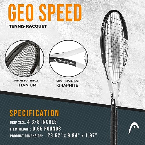 HEAD Geo Speed Adult Tennis Racket - Pre-Strung Head Light Balance 27.5 Inch Racquet - 4 3/8 In Grip, Black/White