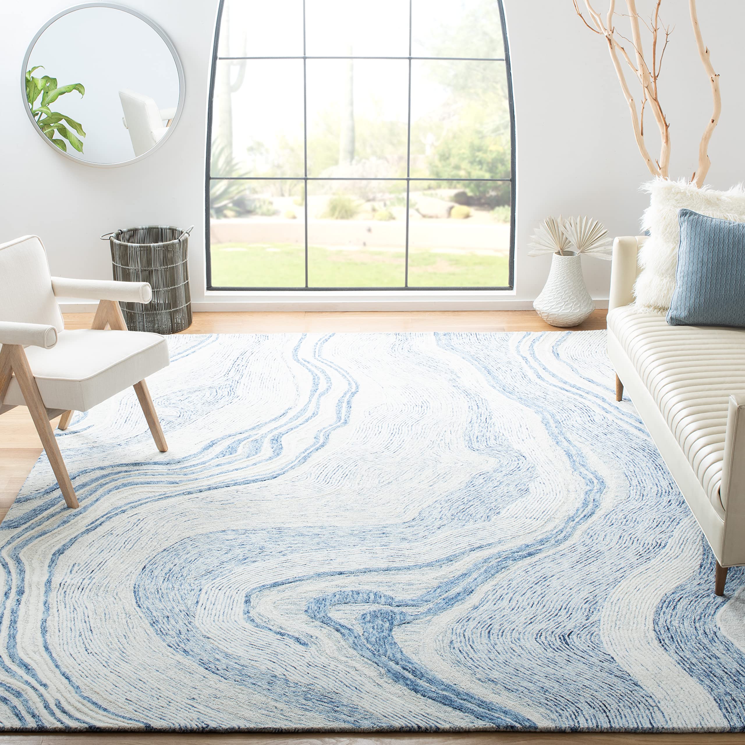 SAFAVIEH Fifth Avenue Collection Area Rug - 8' x 10', Blue & Ivory, Handmade Mid-Century Modern Abstract New Zealand Wool, Ideal for High Traffic Areas in Living Room, Bedroom (FTV121M)