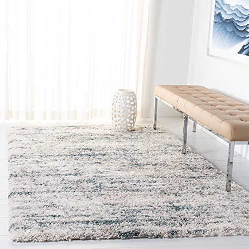 SAFAVIEH Fontana Shag Collection 6'7" x 9' Ivory / Teal FNT873A Modern Non-Shedding Living Room Bedroom Dining Room Entryway Plush 2-inch Thick Area Rug